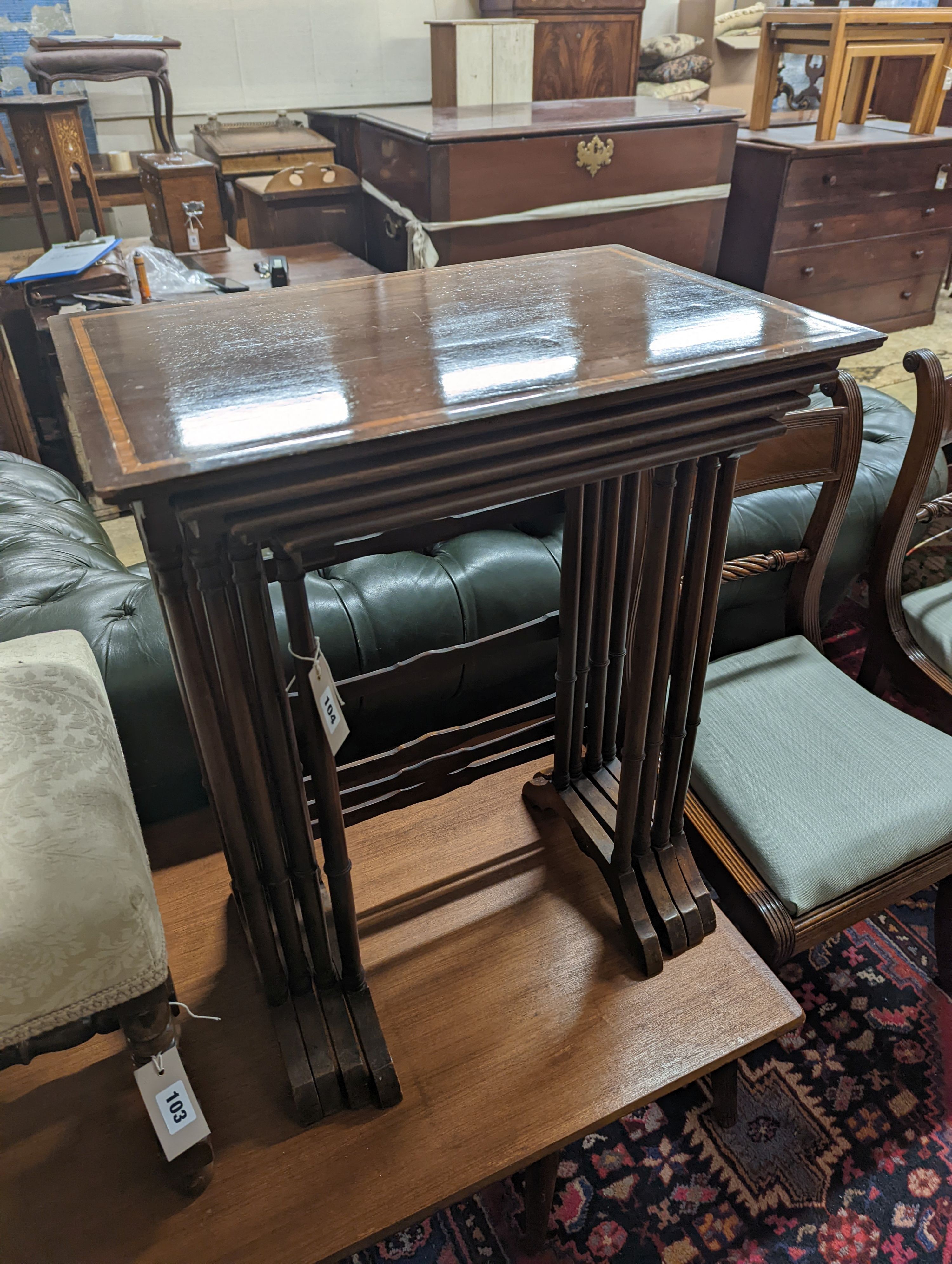 A quartetto of Edwardian satinwood banded mahogany tea tables, width 53cm, depth 35cm, height 68cm